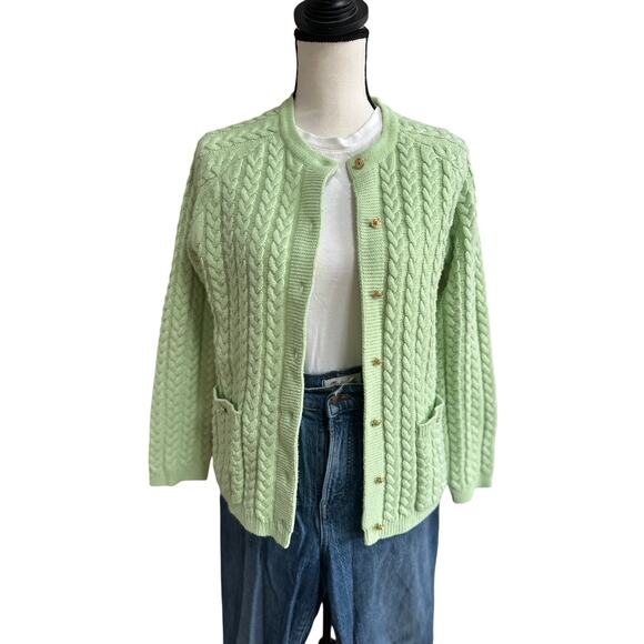 Women’s Mint Green Cable Knit Cardigan Sweater Small/Medium Preppy Cottagecore - Picture 1 of 5